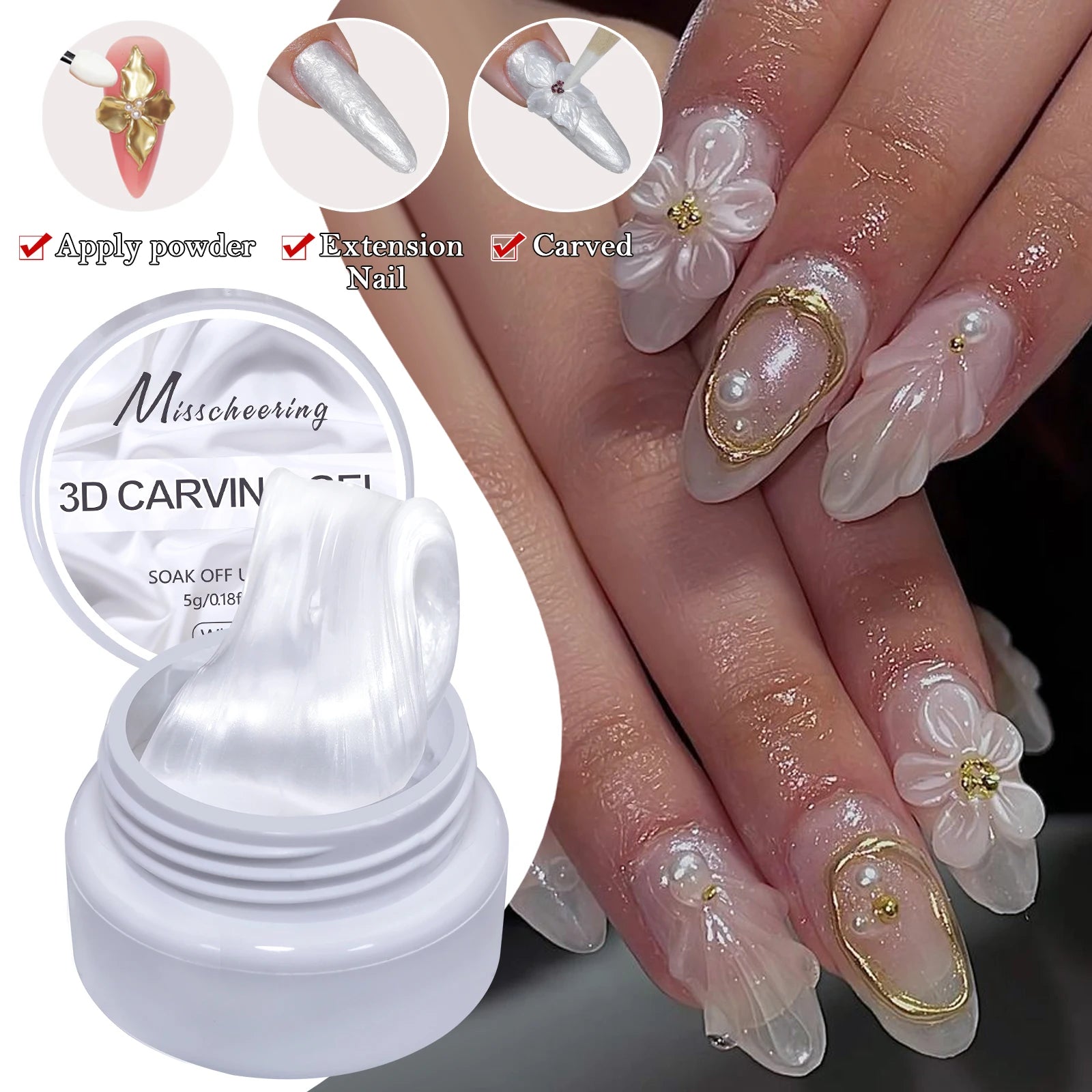 5ml White Non Stick Hand Carved Gel Nail Polish for 3D Shaping Nail Art Solid Pearl Satin Gloss Gel for Nail Design Decoration