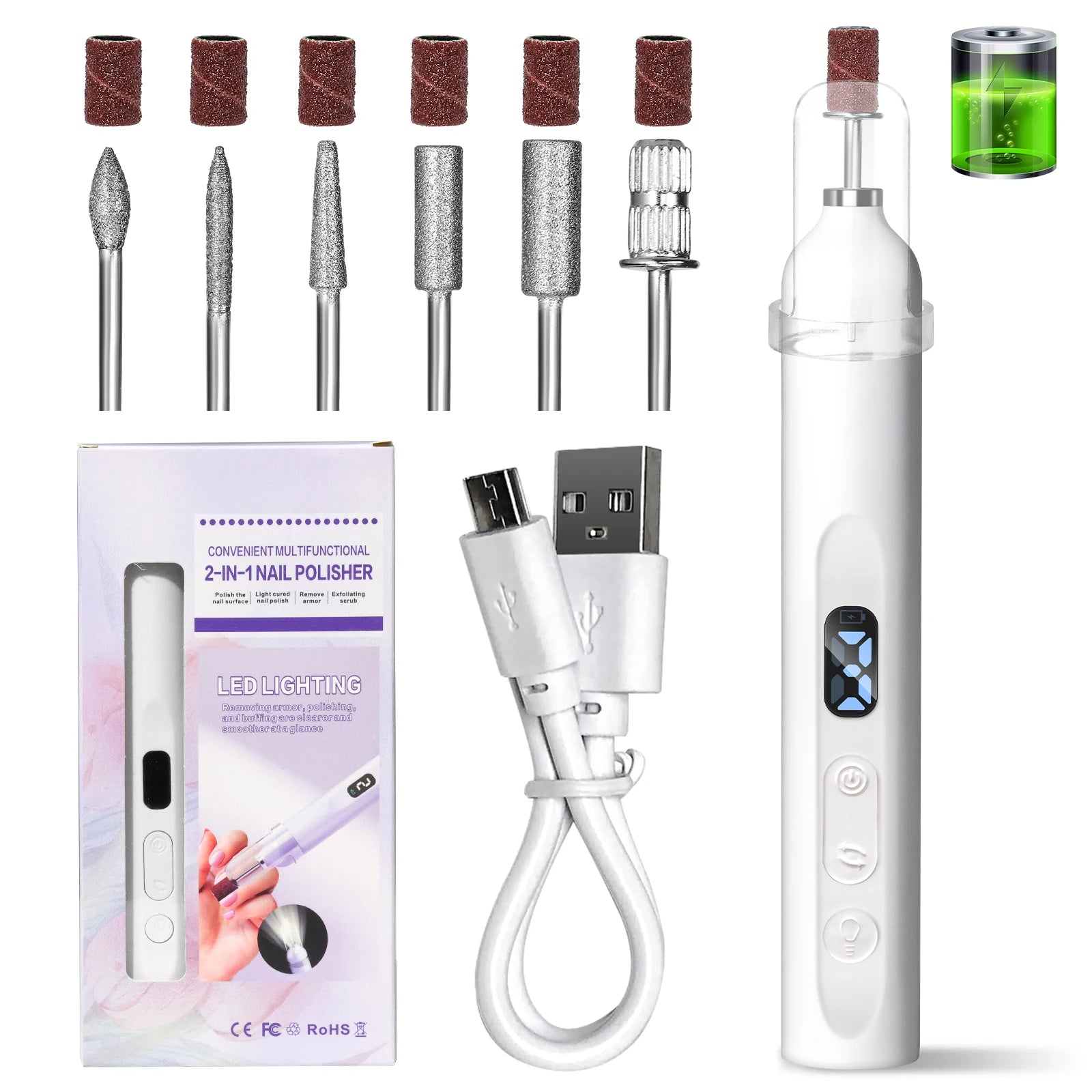 2IN1 Electric Nail Drill Machine&UV Lamp Rechargeable Portable Nails Polisher Drill File Pen for Manicure Gel Acrylic Polishing