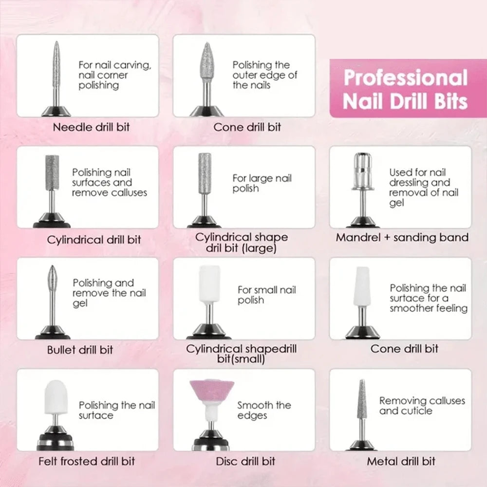 Electric Nail Drill Professional Nail Polishing Machine Multiple Gears Low Noise Nails Sander File Set For Manicure Salon Tools