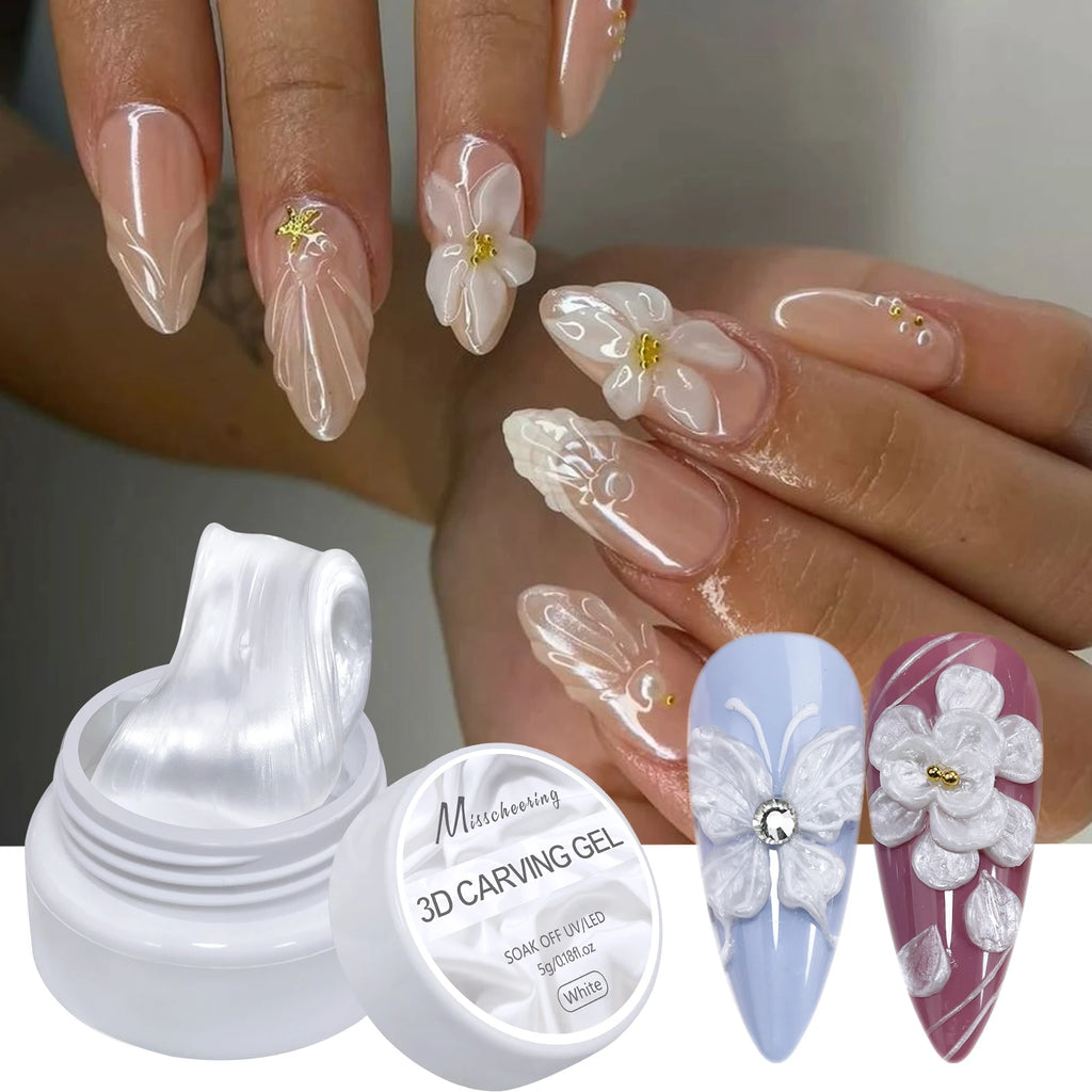 5ml White Non Stick Hand Carved Gel Nail Polish for 3D Shaping Nail Art Solid Pearl Satin Gloss Gel for Nail Design Decoration