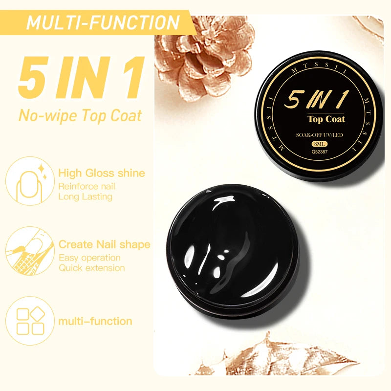 MTSSII 8ml 5 IN 1 No-wipe Top Coat Reinforcement Gel Nail Polish Efficient Function Adhesive Water Nail Art Gel DIY Design