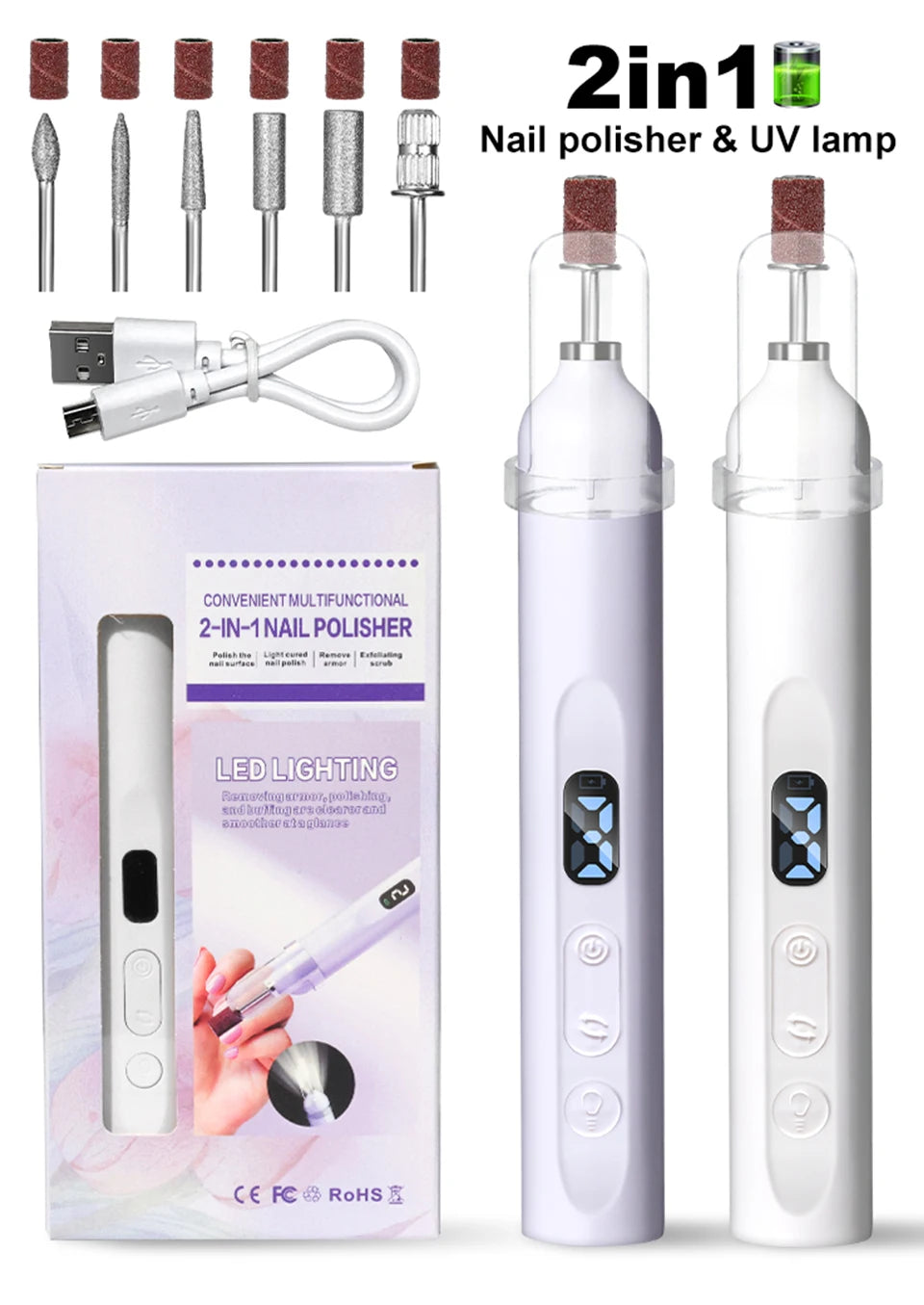 2IN1 Electric Nail Drill Machine&UV Lamp Rechargeable Portable Nails Polisher Drill File Pen for Manicure Gel Acrylic Polishing