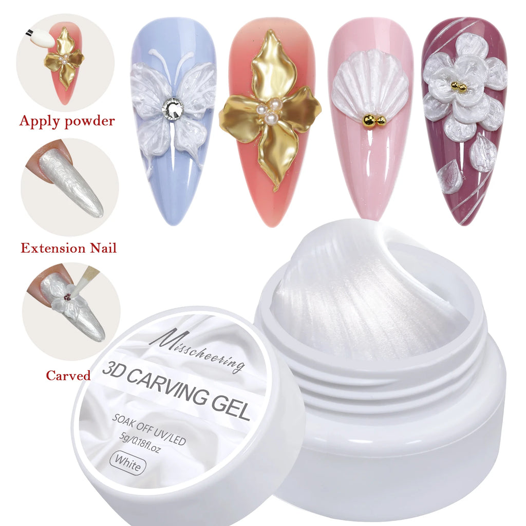 5ml White Non Stick Hand Carved Gel Nail Polish for 3D Shaping Nail Art Solid Pearl Satin Gloss Gel for Nail Design Decoration