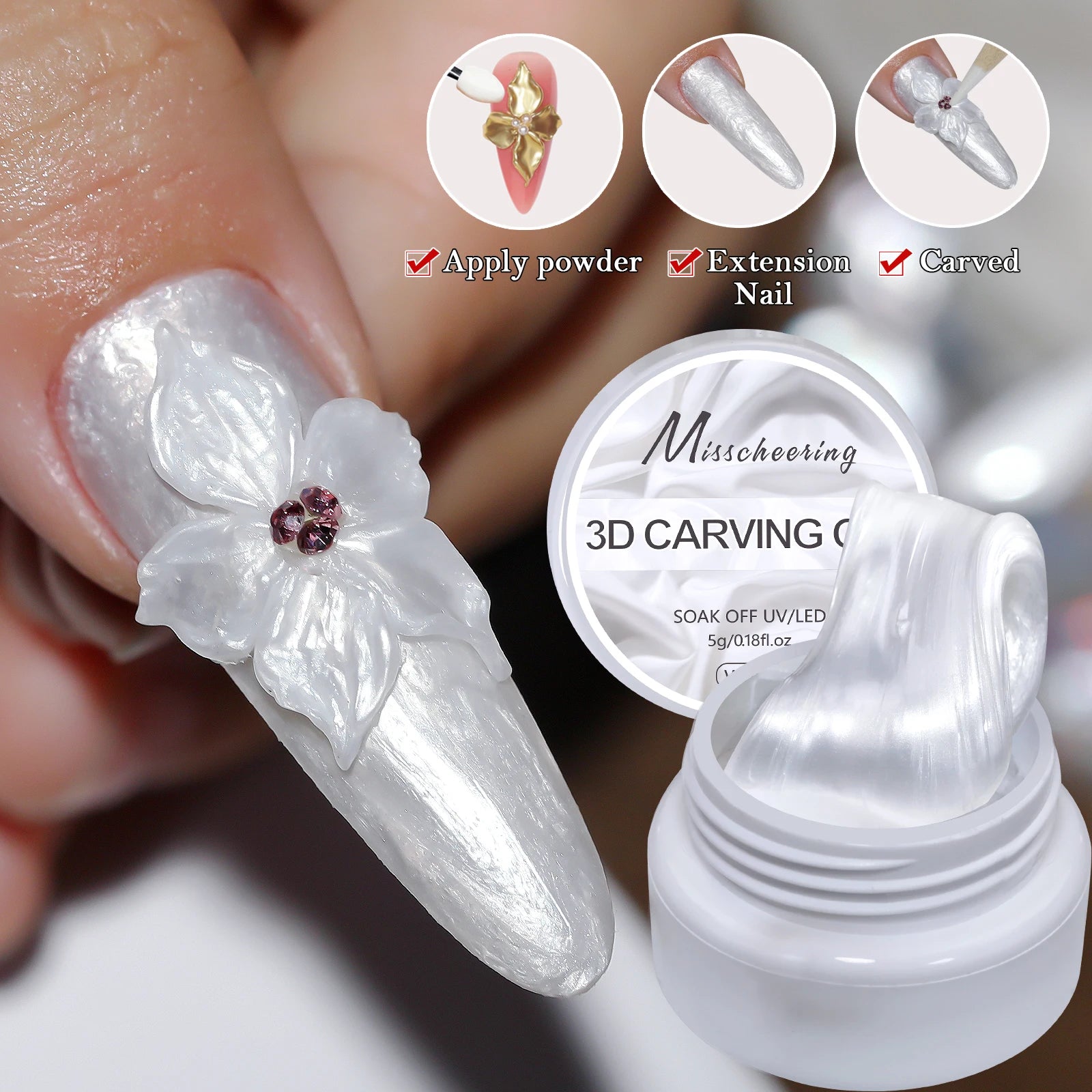 5ml White Non Stick Hand Carved Gel Nail Polish for 3D Shaping Nail Art Solid Pearl Satin Gloss Gel for Nail Design Decoration