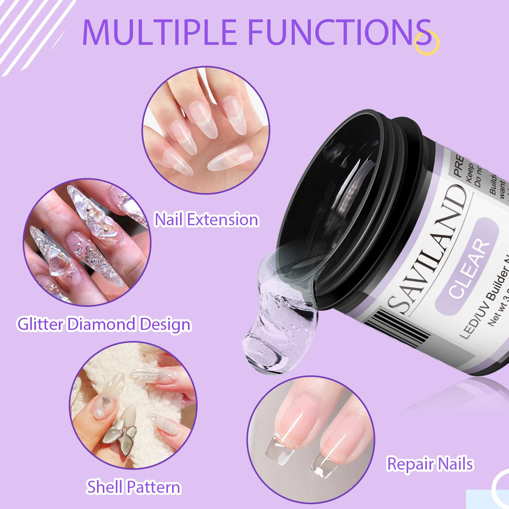 Saviland 100g Builder Nail Gel Clear Nude Pink Nail Extension Gel Multifunctional Nails Art Gel Polish Soak Off UV for Salon DIY