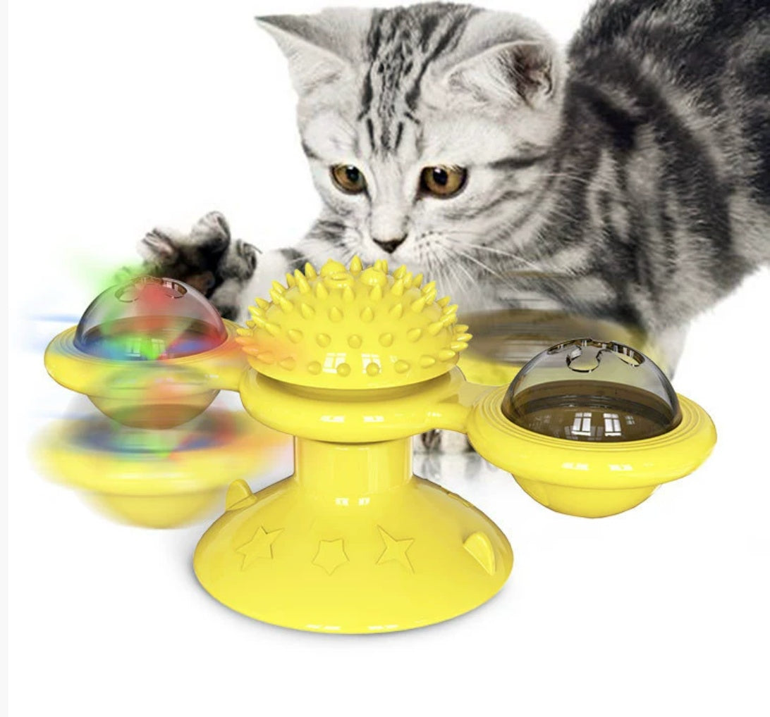 Cat Entertainment Set- Interactive Rotating Disk, Feather Teasers, Tumbler, Windmill Toy - Keeps Cats Active & Engaged